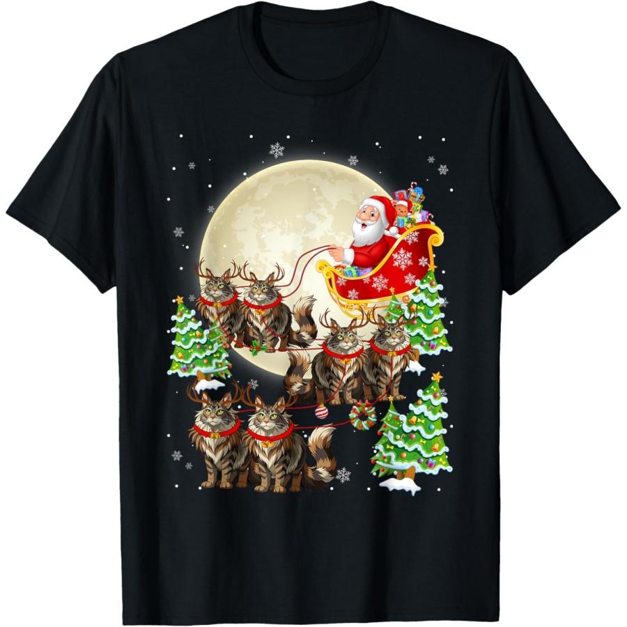

Funny Maine Coon Cat Reindeer Santa Sleigh Merry Christmas T-Shirt XXXXXL чёрный