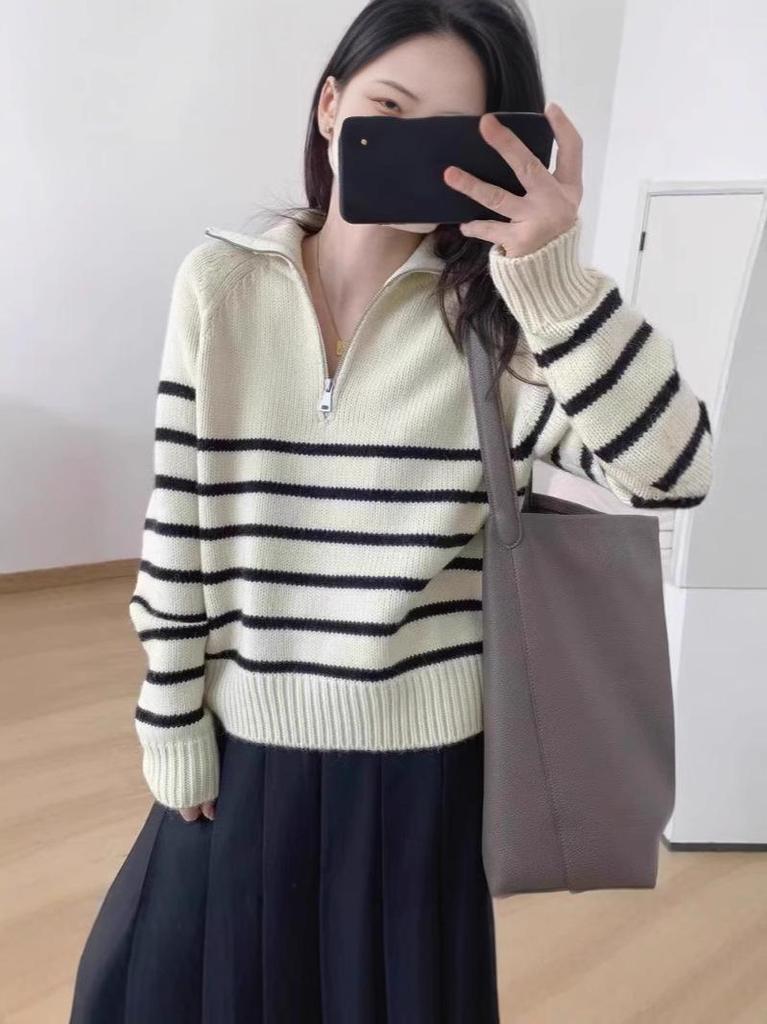 Women's College Style Striped Half-Zip Knitted Wool Cashmere Sweater, Loose Fit, Pullover