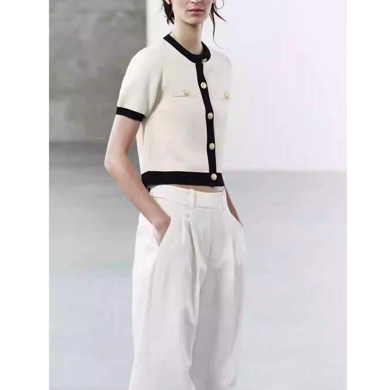 Summer New Women clothes Graceful Simple Golden Breasted Long sleeve round Neck Short Knitted Outerwear 1822006