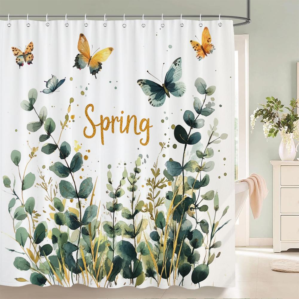 Watercolor Flowers, Leaves And Butterflies Shower Curtain Floral Printed Bathroom Bath Curtain Home Decor Curtain With Hooks