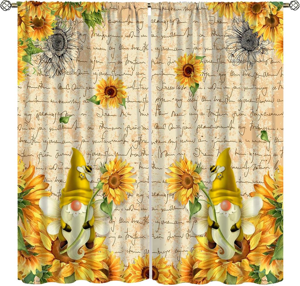 Sunflower Curtains for Kitchen,Black Pithy Rustic Sunshine Beautiful Wonderful Sunflower Plant Flower Butterfly Window Drapes