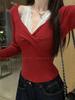 Elegant Red Lace Patchwork V-Neck Off-Shoulder Knitted Sweater - Autumn/Winter Slimming Short Knitwear