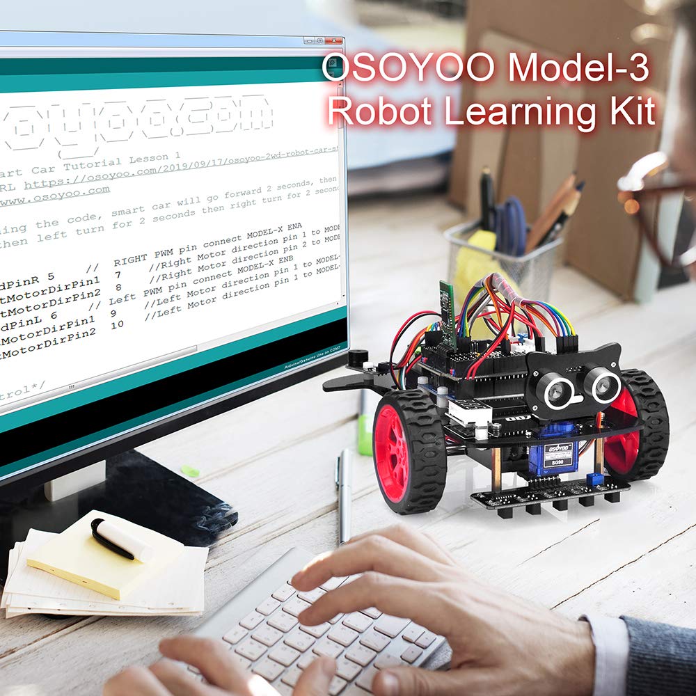 OSOYOO Arduino Model 3 DIY Robot Car Kit with UNO R3 Motor Line Ultrasonic Bluetooth IR Remote and Japanese Instruction Manual V2.0 Board, Shield,