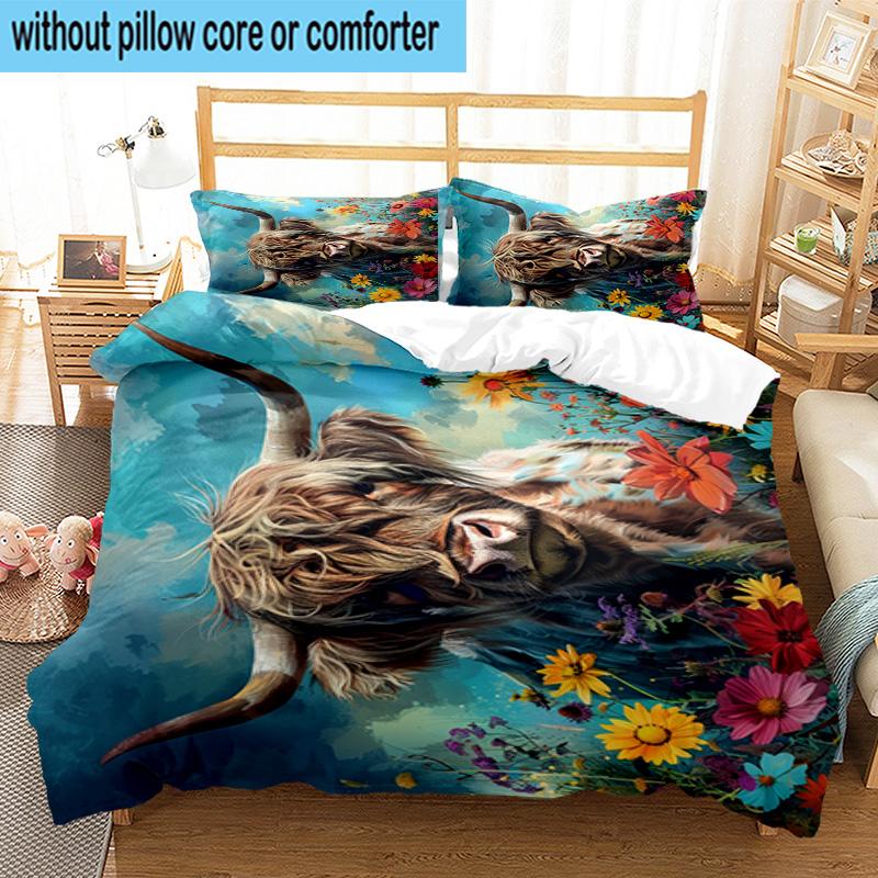 Cow In Flower Field 3pcs Bedding,Including 1pc Duvet Cover And 2pcs Pillowcases Perfect for Christmas,Ideal for Bedroom, Dormitory