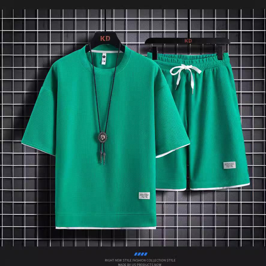 Men's Summer Waffle Short-Sleeve Sports Shirt and Shorts Two-Piece Set