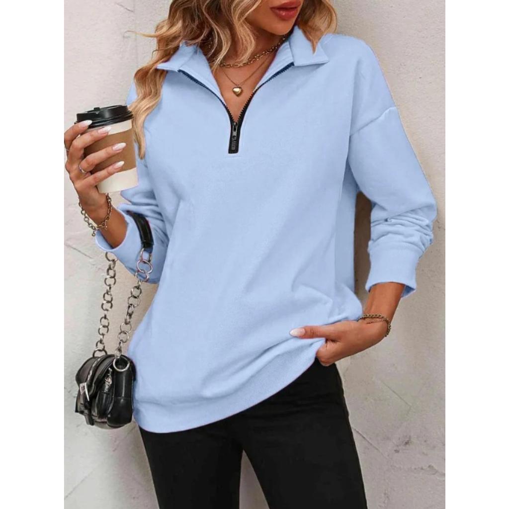 Felpa da donna con mezza zip e maniche lunghe, vestibilità ampia, casual, tinta unita, top pullover