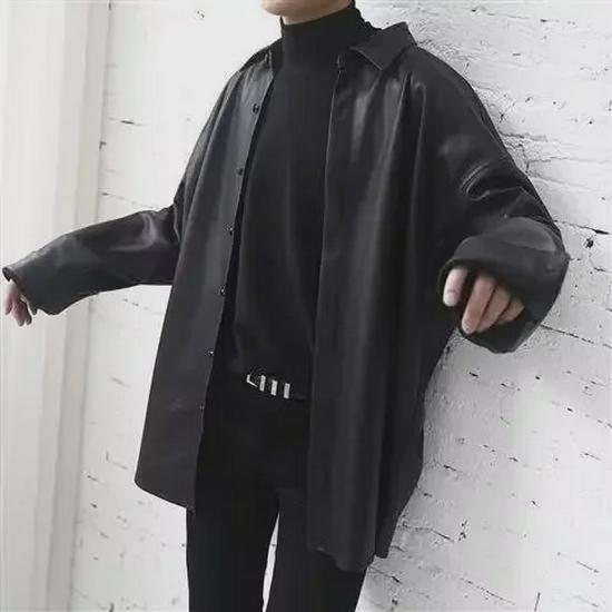 Męska koszula z długim rękawem ze skóry PU o kroju oversize: Amerykański styl, jednolity kolor, jesienny, wszechstronny, modny dla studentów i par