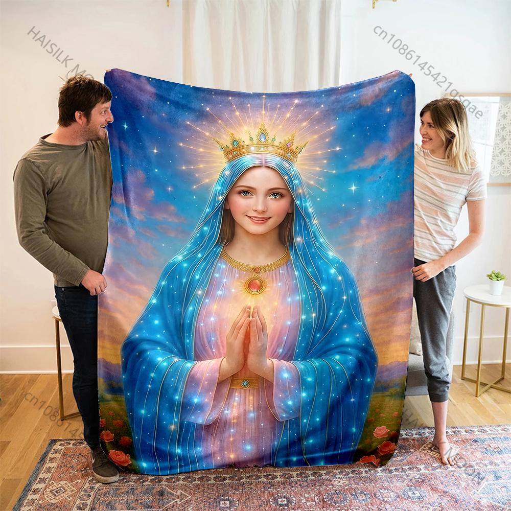 1PC Blue Crowned Our Lady Prayer Print Blanket Warm Soft Fluffy Kids and Adult Sofa Bed Throw Blanket Outdoor Travel Camping RV