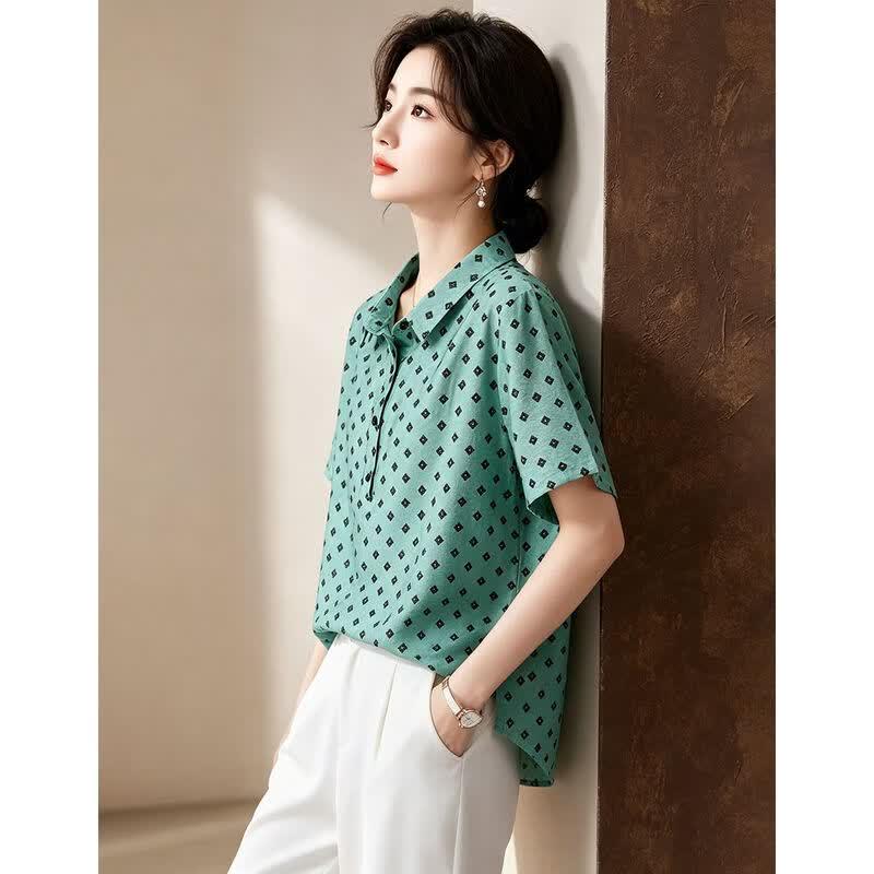 Women's Polka Dot Lapel Short Sleeve Blouse