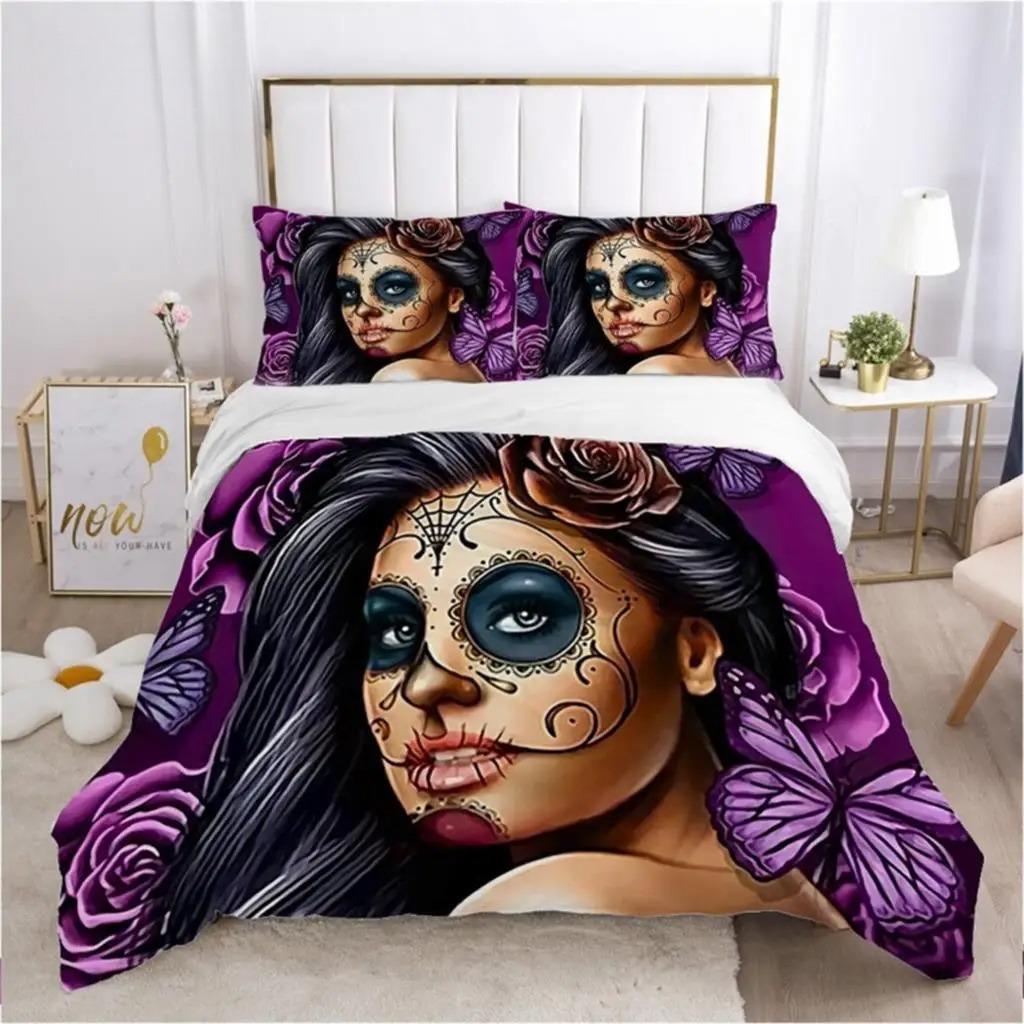 Sugar Skull Duvet Cover Gothic Skull Skeleton Bedding Set Horror Theme Comforter Cover Full King For Teens Adults Bedroom Decor