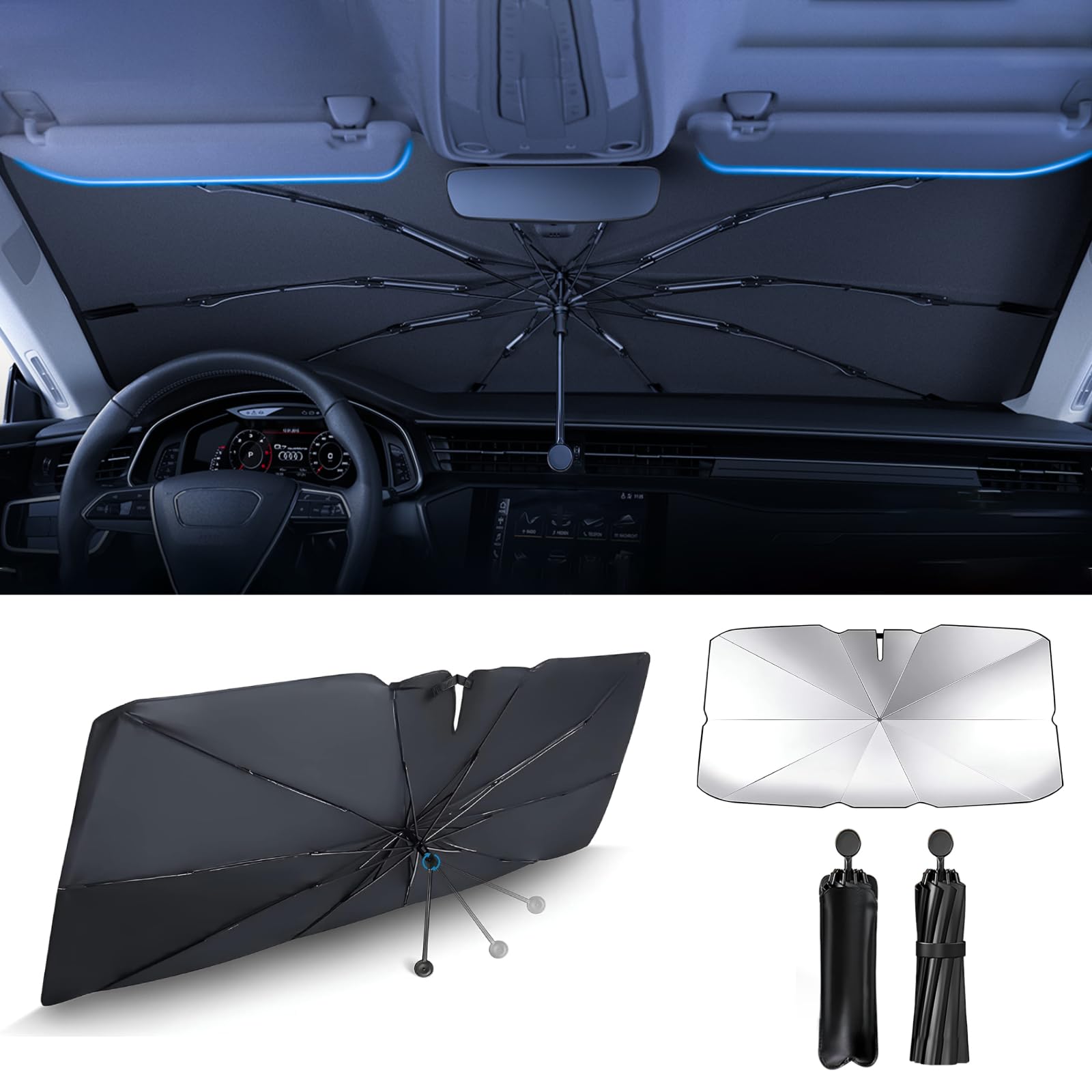 

VORAGA Sun Shade with Strong Reflective Surface & Reinforced 10 Ribs, Front Car Sunshade, L, 140 x 78 cm чёрный