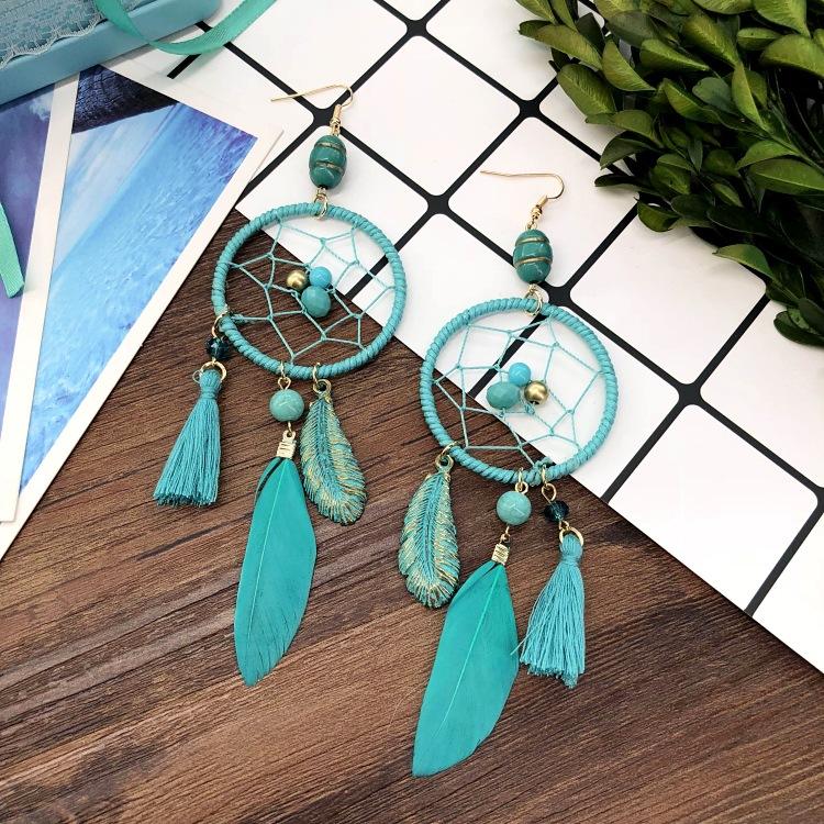 European and Korean Temperament Dream Catcher Element Earrings Female Bohemian Seaside Vacation Feathers Fringed Earrings Versatile Earrings