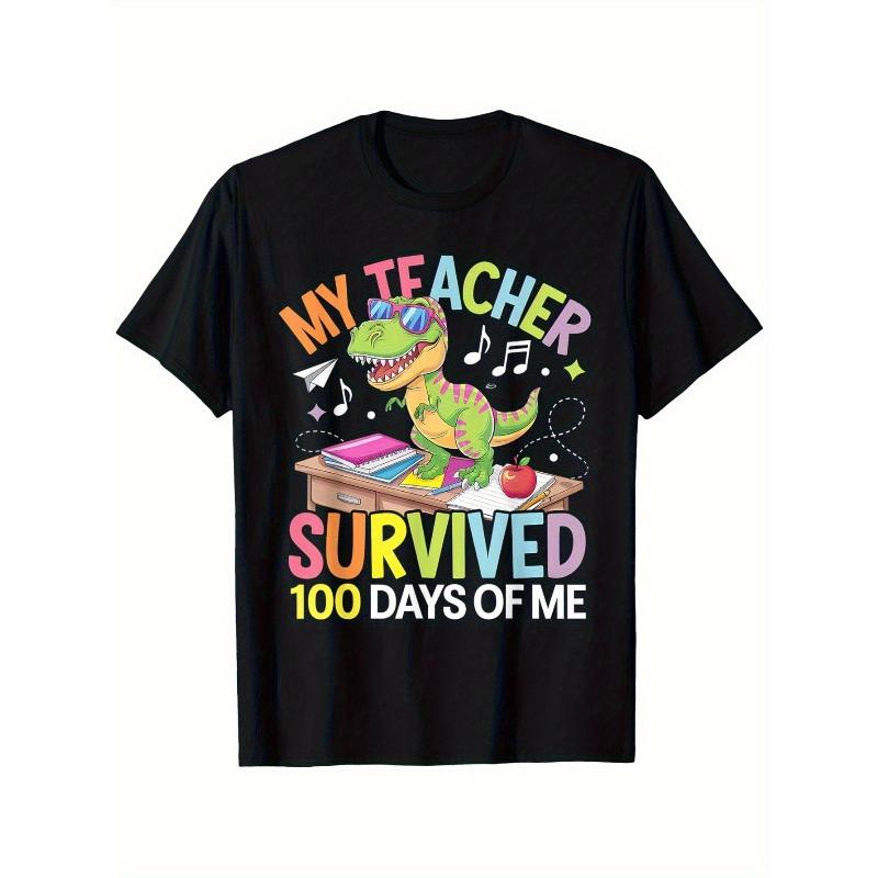 European sizes Children 100th Day of School Dino-Mite T-Shirt - Fun Colorful  My Teacher Survived 100 Days of Me  Design, Soft Cotton Short Tee 98cm чёрный
