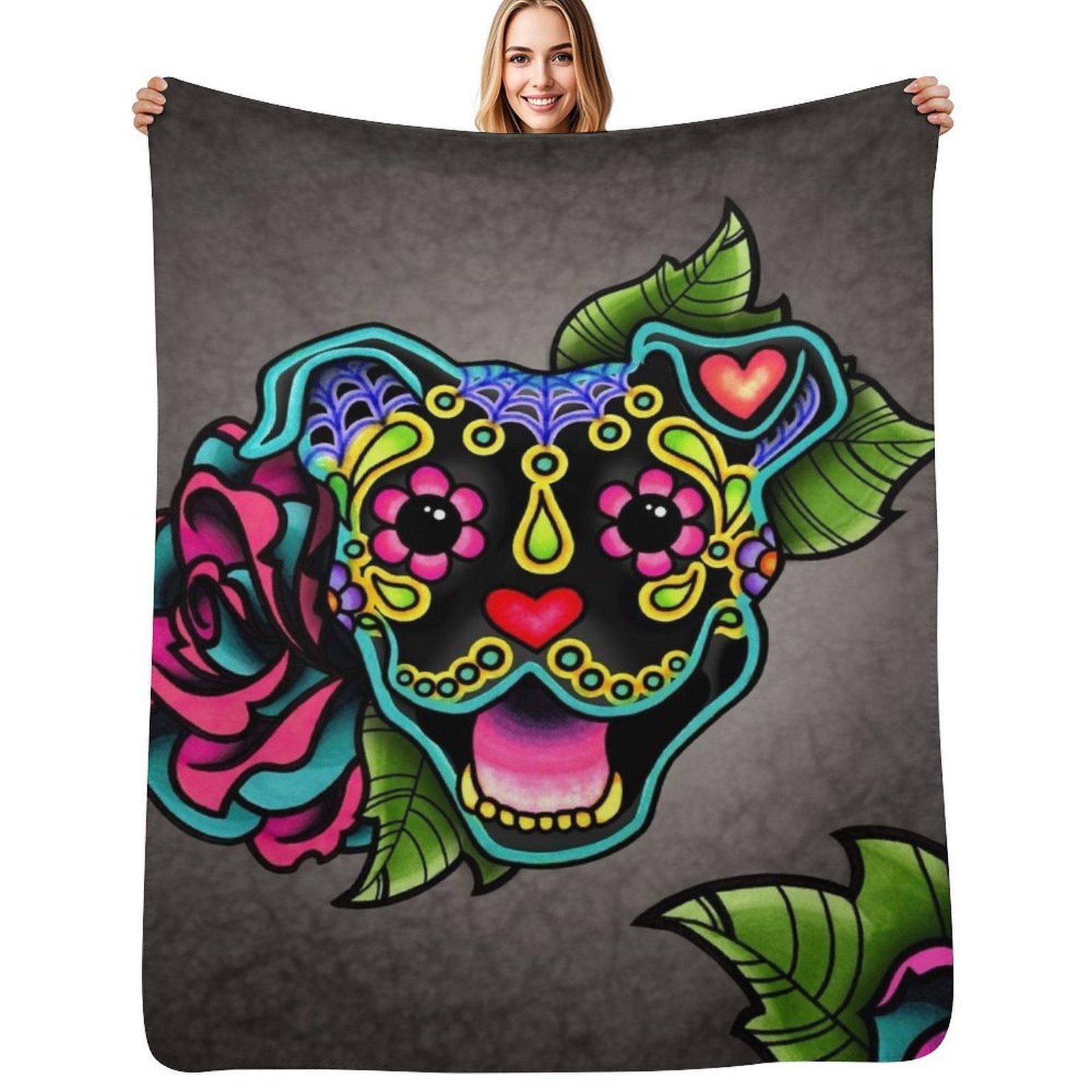 Smiling Pit Bull in Black Day of the Dead Happy Pitbull Sugar Skull Dog Throw Blanket Halloween blanket orange 102x76cm(40x30in)