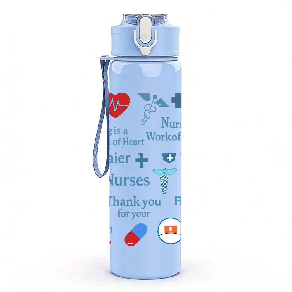 1PC Nurse Quote Heart Pattern 750ml Color Plastic Sports Water Bottle Leakproof Flip Straw Lid Suitable for Sports Office Home Use