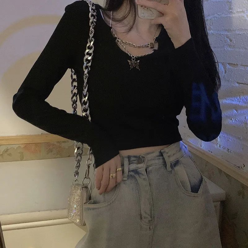 

Women T-shirts Square Collar Long Sleeve Tees For Female Sexy Fashion T-shirts Girls Y2K Tops Athletic Wear Lady Club Streetwear Big Size T-shirts H32