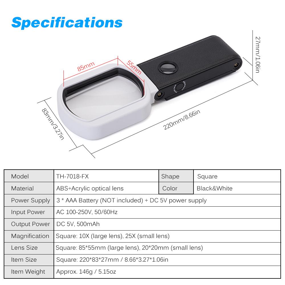 Handheld Magnifier Multifunctional Magnifying Glass 10X/25X Adjustable Magnification Foldable