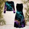 Damen Plus Size Rundhals Langarm Cardigan mit Galaxie-Print und Kleid Zweiteiliges Set