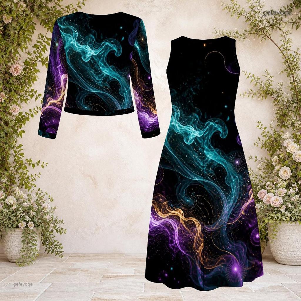 Damen Plus Size Rundhals Langarm Cardigan mit Galaxie-Print und Kleid Zweiteiliges Set