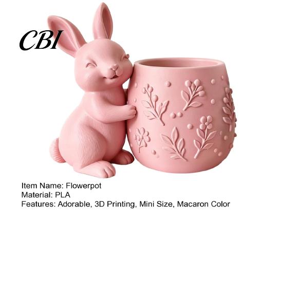 Small Desktop Planter 3D Printed Bunny Hugging Succulents Planter, Cute Rabbit Flower Pot with Embossed Design Floral Body, Mini Desk Decor for Office