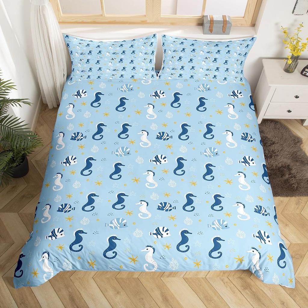 Seahorse Duvet Cover Sets For Kids Teens Queen Lightweight Bedding Sets Ocean Animal Bedspread Covers Bedroom Decor No Comforter