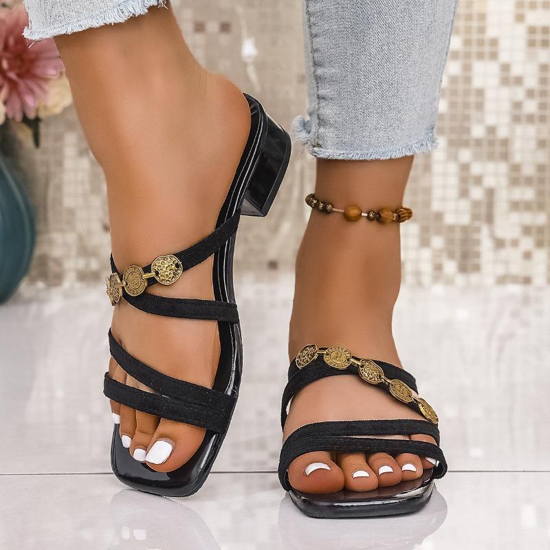 Coarse-heeled sandals women's new square-headed open-toed buttons with thin straps and women's cool slippers