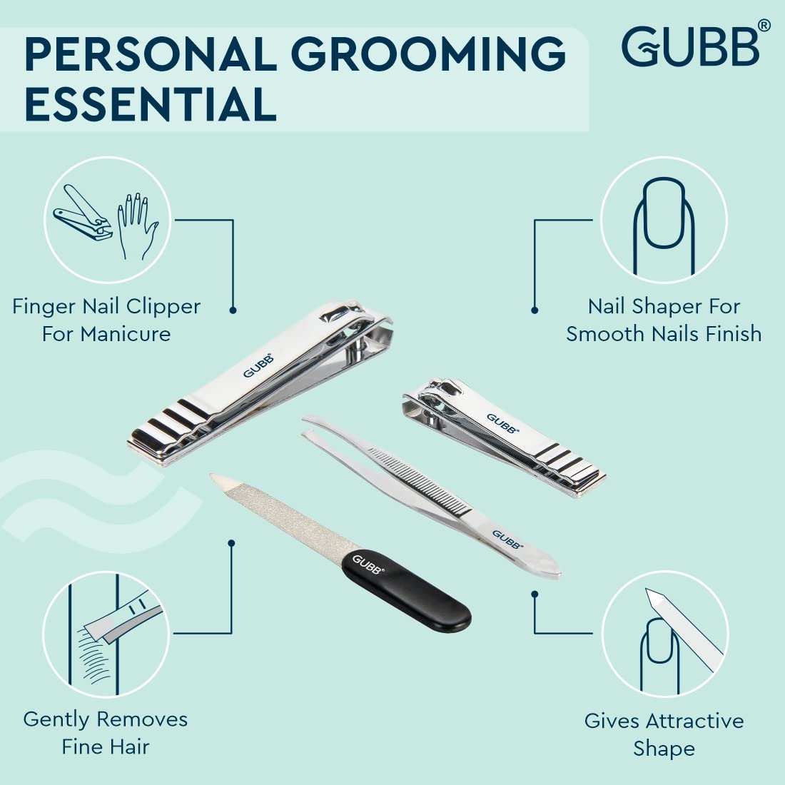 GUBB Nail Care Kit - Toe Nail Clipper, Finger Nail Cutter, Nail Filer & Flat Tweezer | Nail Clipper For Manicure, Nail Shaper for Smooth Nail Finish