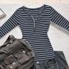 European & American Striped V-neck Long-sleeve Slimming T-shirt - Autumn/Winter Casual Korean Style