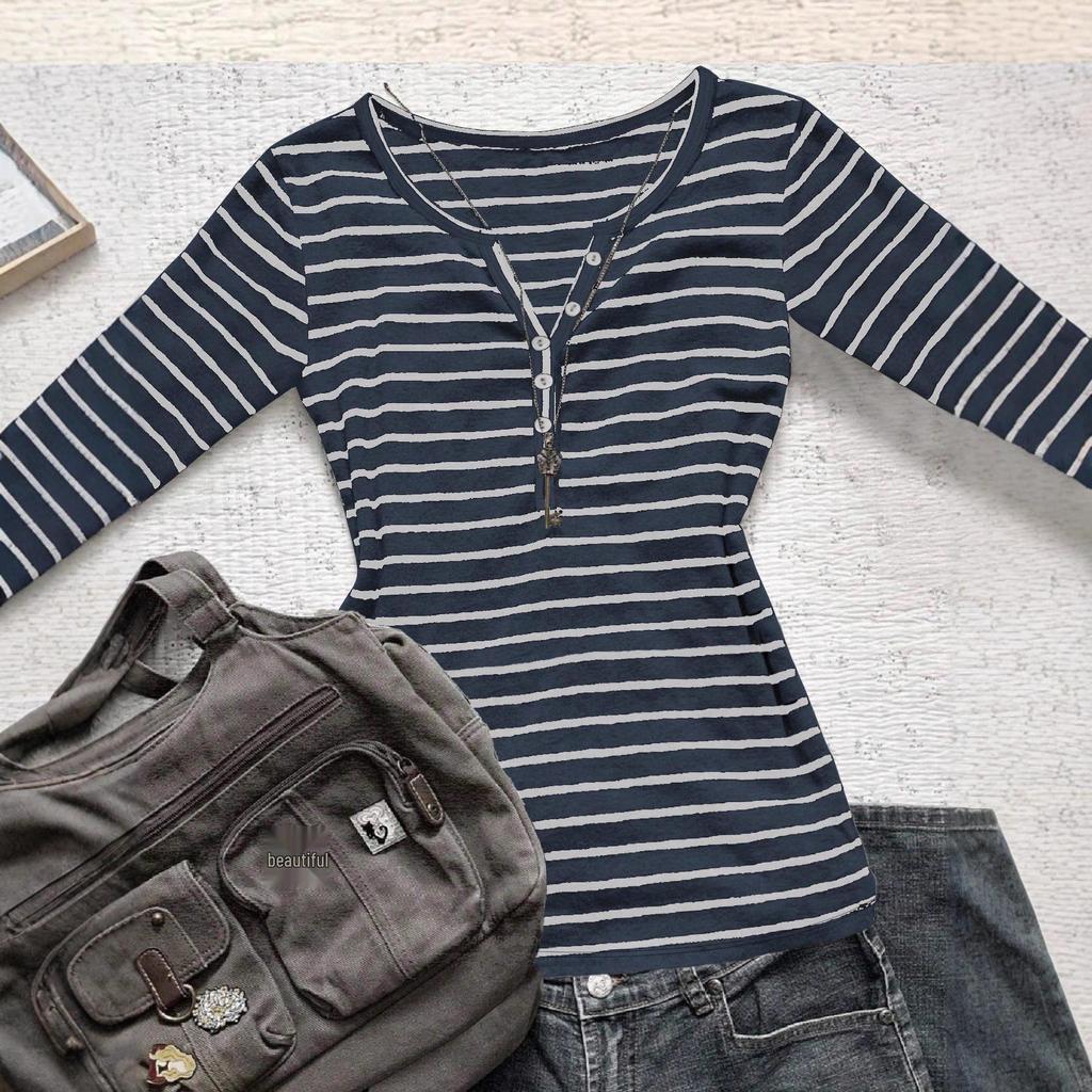 European & American Striped V-neck Long-sleeve Slimming T-shirt - Autumn/Winter Casual Korean Style