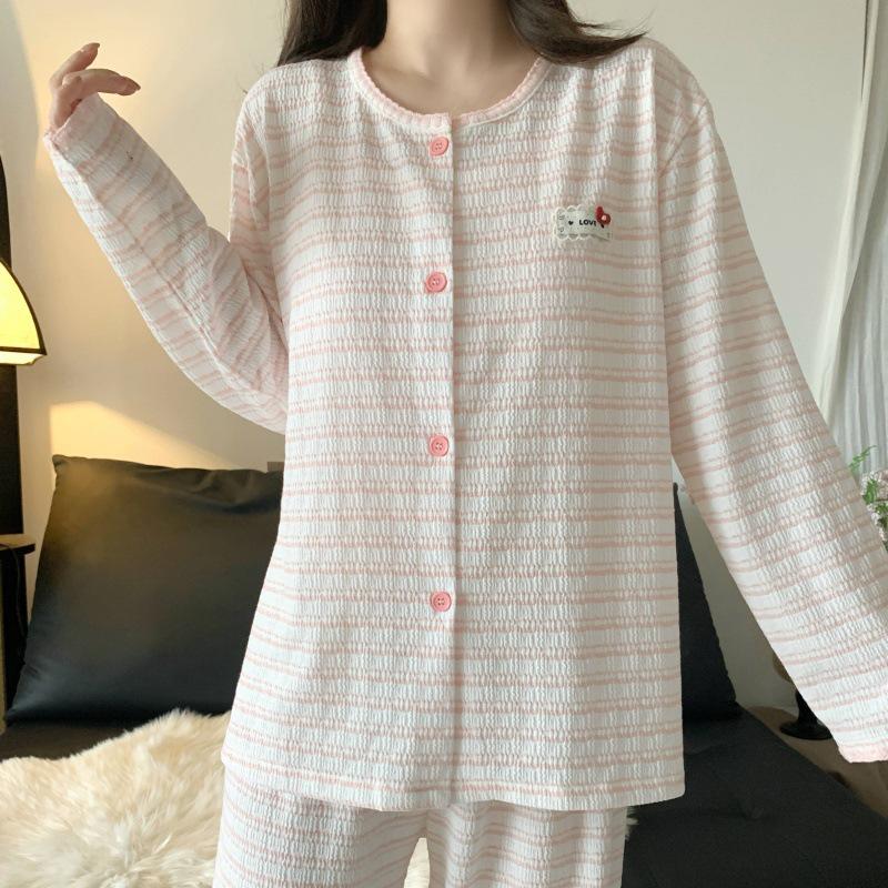 Korean Pink Striped Women's Pajama Set - Spring/Autumn 2026, Sweet Long Sleeve Cardigan Loungewear