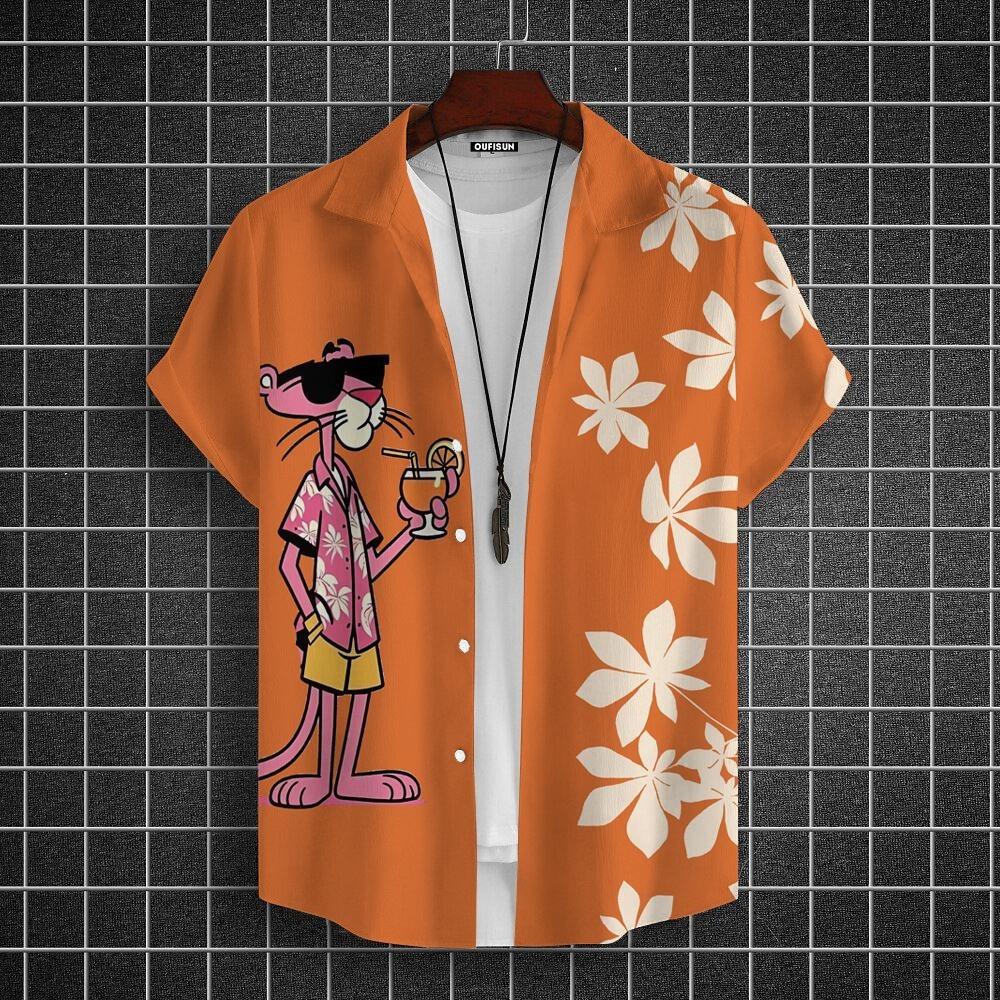 Cartoon Leopard Grafik Herren Kurzarm Hemd mit Kragen Oberteile Unisex Rosa Knopfleiste Hawaiian Hemden Sommer Täglich Damen Blusen