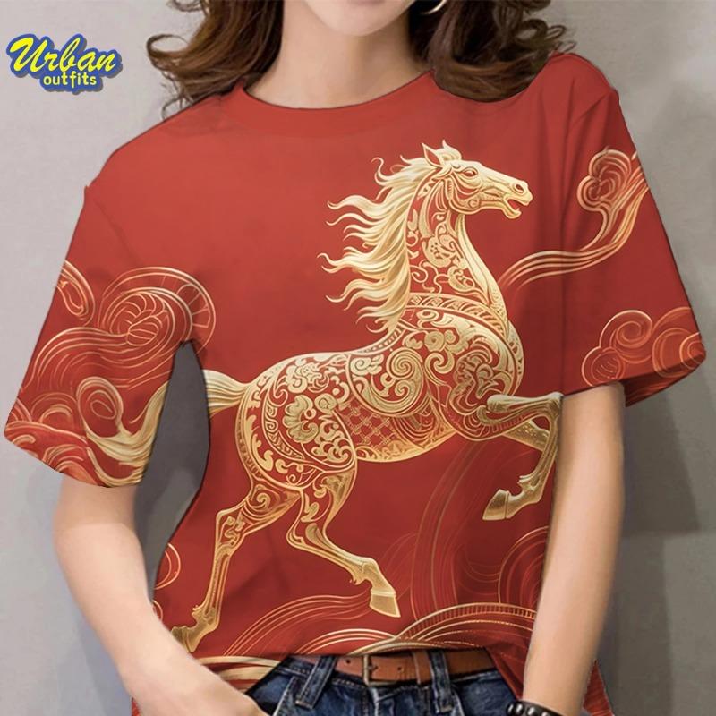New Year s T-shirt with horse pattern print for women, 3D printed T-shirt S
