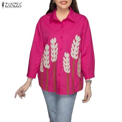 Damen Umlegekragen 3/4 Ärmel Locker Print Bluse