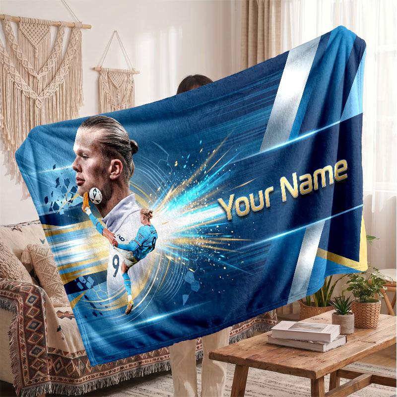 Erling Haaland Personalized Fleece Blanket With Football Logo, Custom Name Text Soft Warm Home Throw Blanket