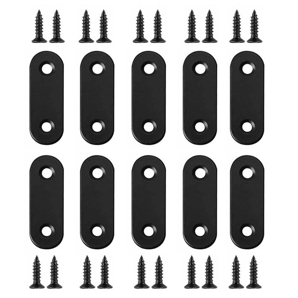 10pcs Black Metal Mending Brackets - Straight Corner Braces with 20pcs Flat Plate Straight Brackets and 40pcs Screws for Repair and Reinforcement