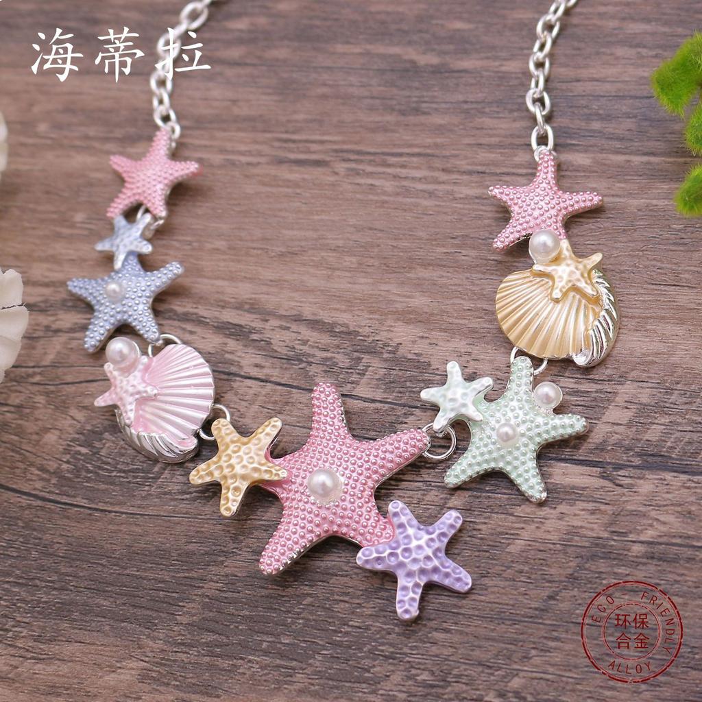 Color Painted Oil Shell Starfish Necklace, Small Fresh and Sweet Cute Lady Versatile Starfish Necklace