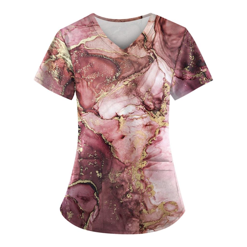 Modische bedruckte Damen-Arbeitsuniform mit Taschen-T-Shirt, kurzärmeliges Oberteil
