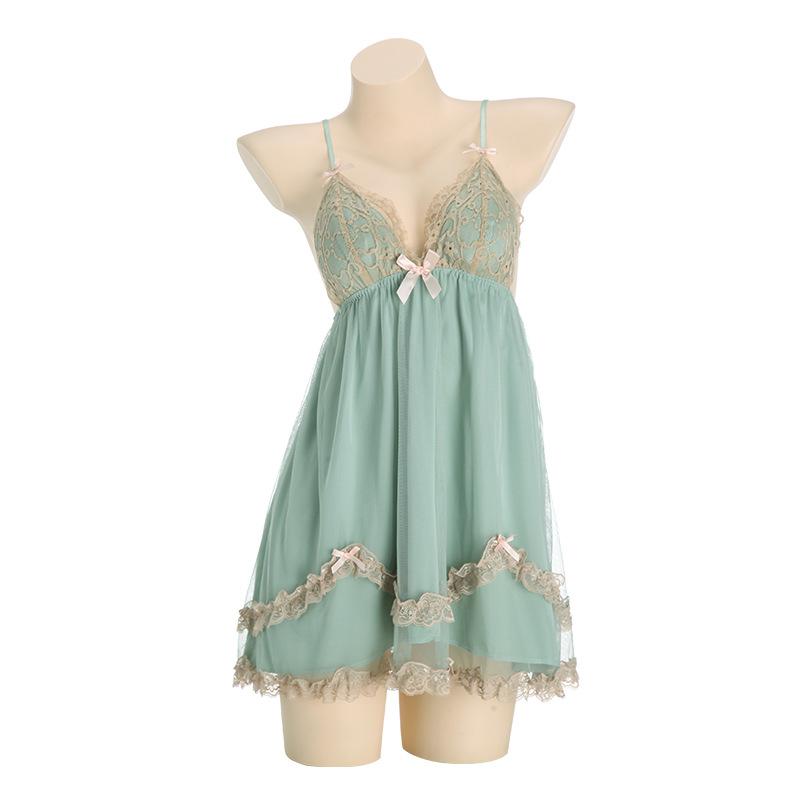 Women's Double Layer Mesh Padded Bow Trim Backless Sleep Dress with Robe Lounge Set