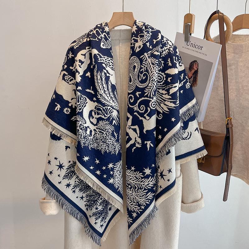 Luxuriöser Damen-Winter-Kaschmirschal - Floral bedruckte Pashmina-Stola mit Quasten, Bandana & Poncho