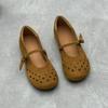 Handgemachte ausgehöhlte flache Damenschuhe aus echtem Leder im Retro-Stil mit runder Spitze und weichem Rindsleder