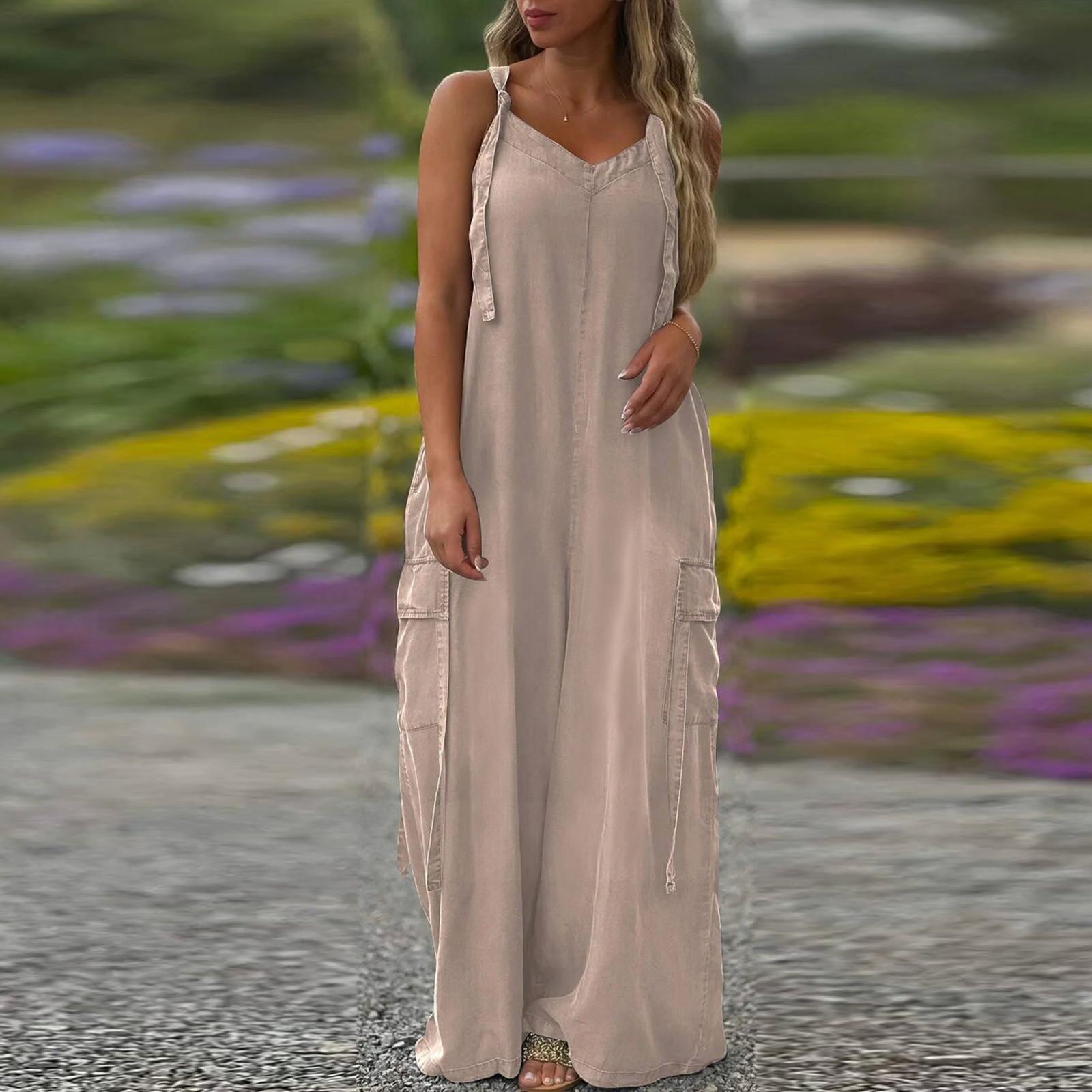 

Женский модный повседневный свободный однотонный комбинезон с карманами и V-образным вырезом L хаки