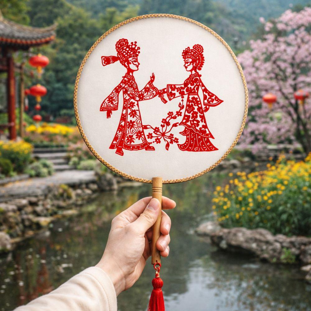 Traditional Vintage Chinese Paper-cut Fan Long Handled with Tassel Handheld Fans Artistic Silk Classical Fan Wedding Party