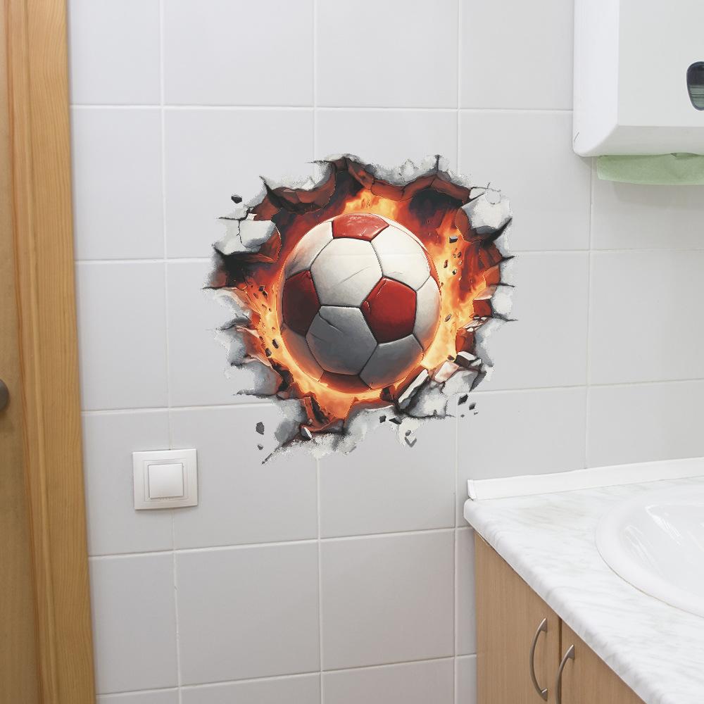 Flaming Soccer Ball Breaking Through Wall Sticker for Game Room Boys Bedroom Creative Removable Decal