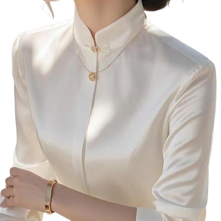 Elegantní jarní bílá saténová košile s mandarínským límečkem pro ženy