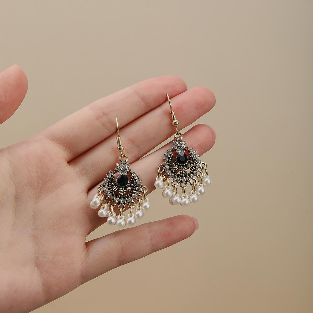 Turquoise Earrings, Bohemian Palm Owl Bronze Engraved Geometric Dream Catcher Feathers Fringed Earrings