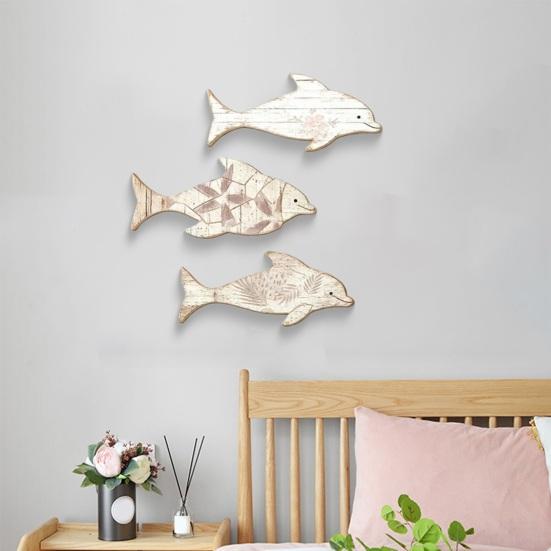 3Pcs/Set Wooden Dolphin Wall Decoration, Flowers Leaves Pattern Fish Wall Art for Beach, Lake House, Nautical Coastal Ocean Theme Hanging Ornament
