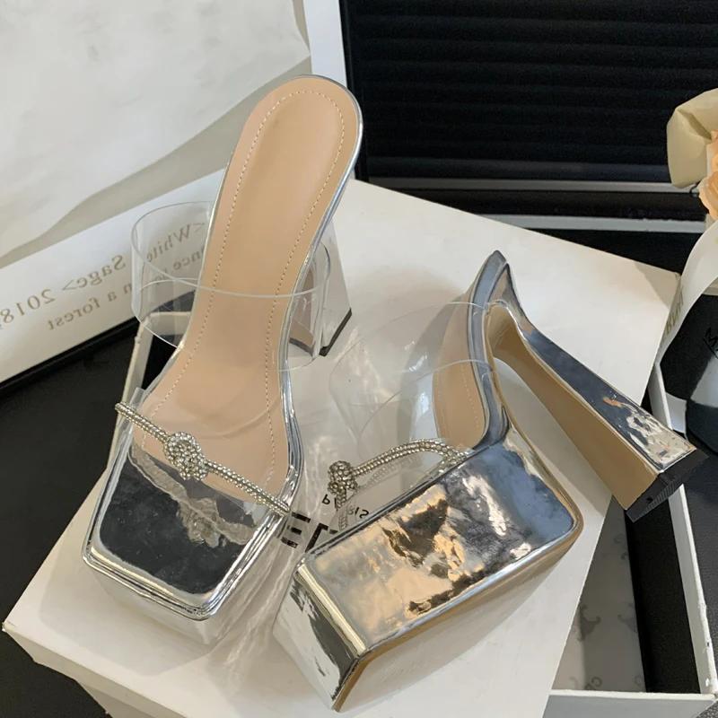 Eilyken Designer Platform Crystal Women Slippers PVC Transparent Square Toe Chunky High Heels Slide Shoes