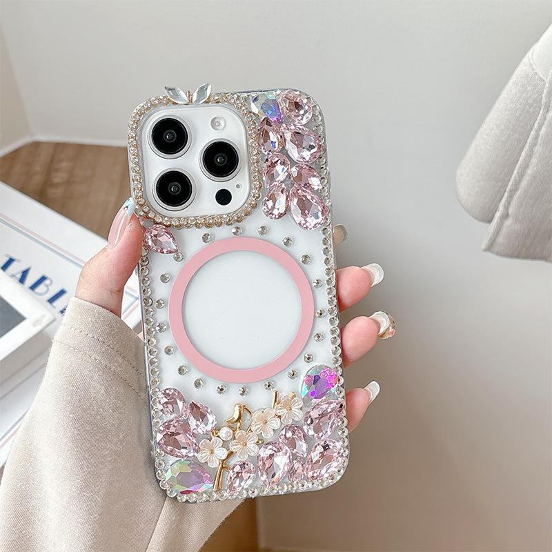 Rhinestone Flower Magnetic Phone Case for Apple 16 Promax Luxury for IPhone 17 Personalized Trendy 15 Female Model