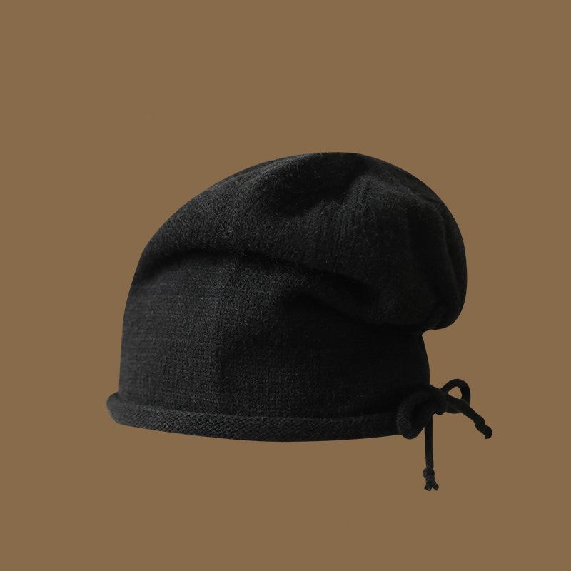 Pullover hat Girls drawstring curling lazy wind stacking hat Baotou hat solid color knitted hat