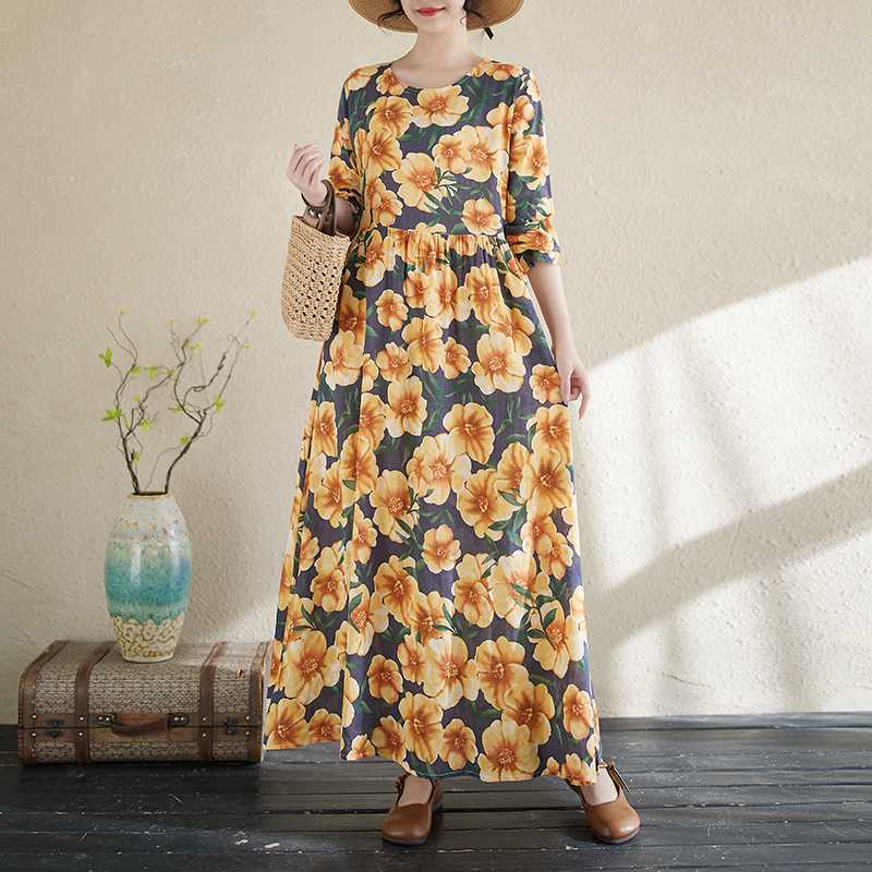 New Floral Vacation Style Travel Round Neck Vintage Long Flesh Covering Dresses